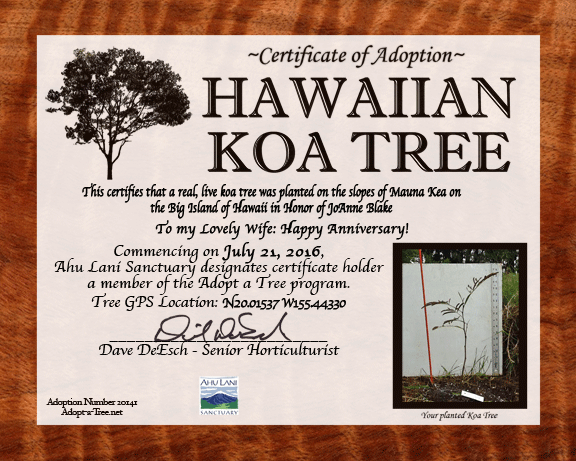 Sample Adoption Certificate from Adopt-A-Tree.net